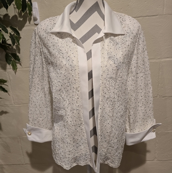 R & M Richards Rhinestone Crochet Jacket Size 16 Ivory. - Picture 1 of 12